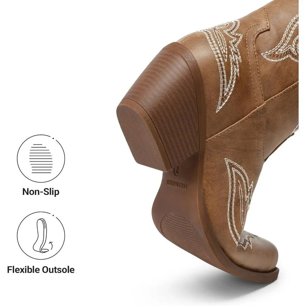 Women's Brown Square Toe Comfortable Side Zipper Tall Cowboy Knee High Boots